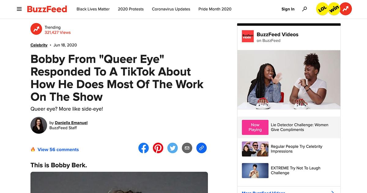 Screenshot of BuzzFeed article page: "Bobby From "Queer Eye" Responded To A TikTok About How He Does Most Of The Work On The Show"