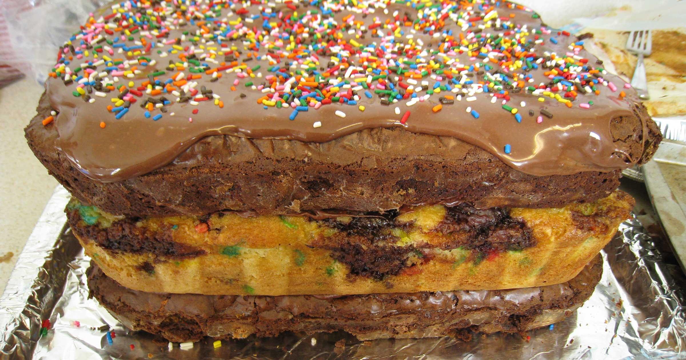Three thick layers of alternating dark and light cake covered with Nutella and sprinkles.
