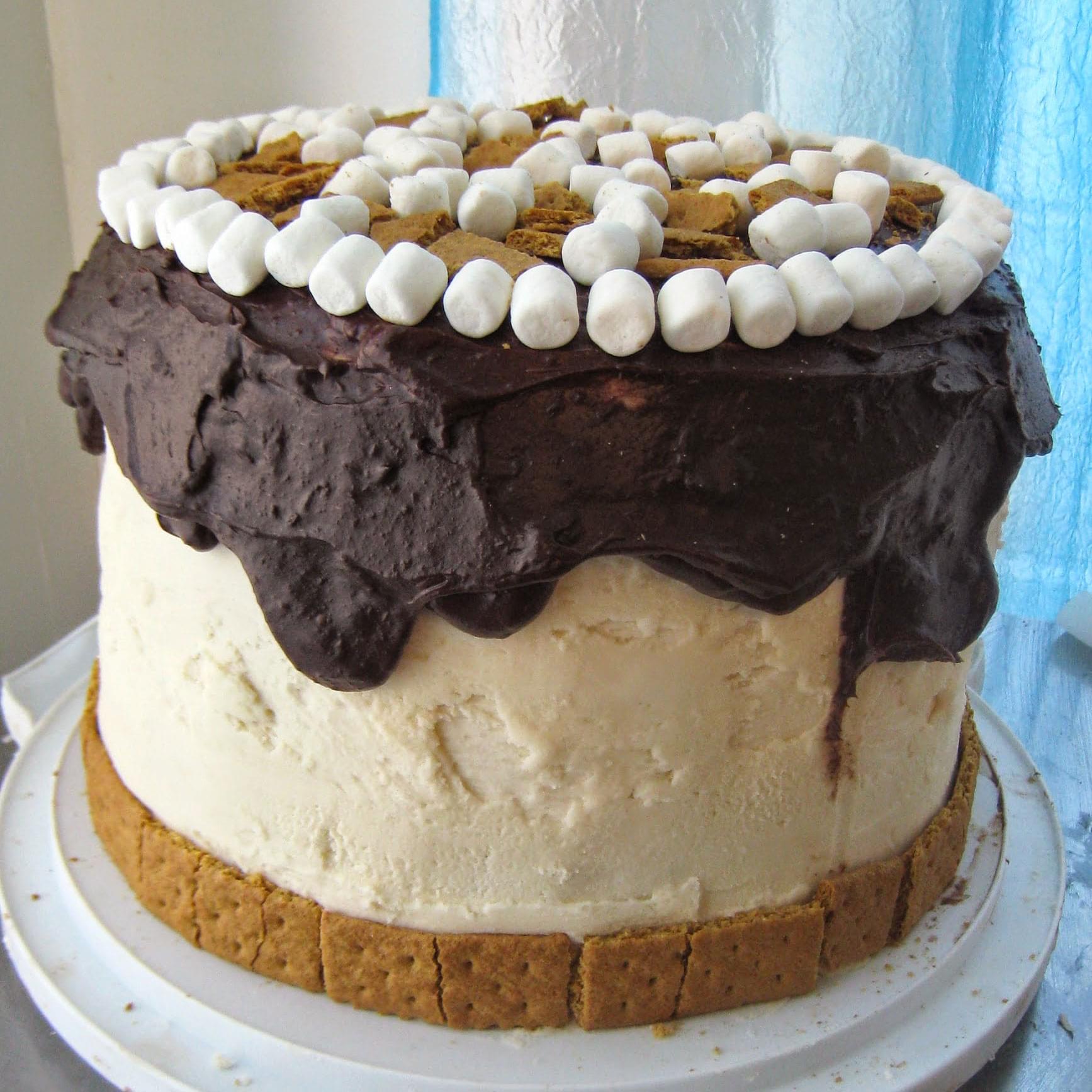 Tall cake covered with chocolate, mini marshmallows, and graham crackers.